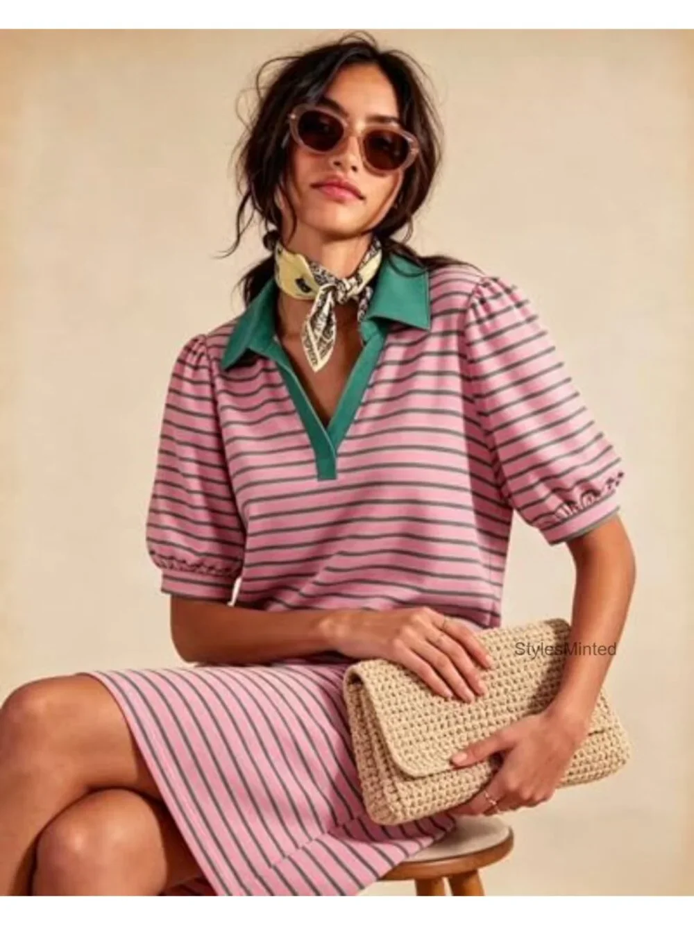 Striped A-Line Mini Dress with Pockets V-Neck Puffy Short Sleeve Summer Casual